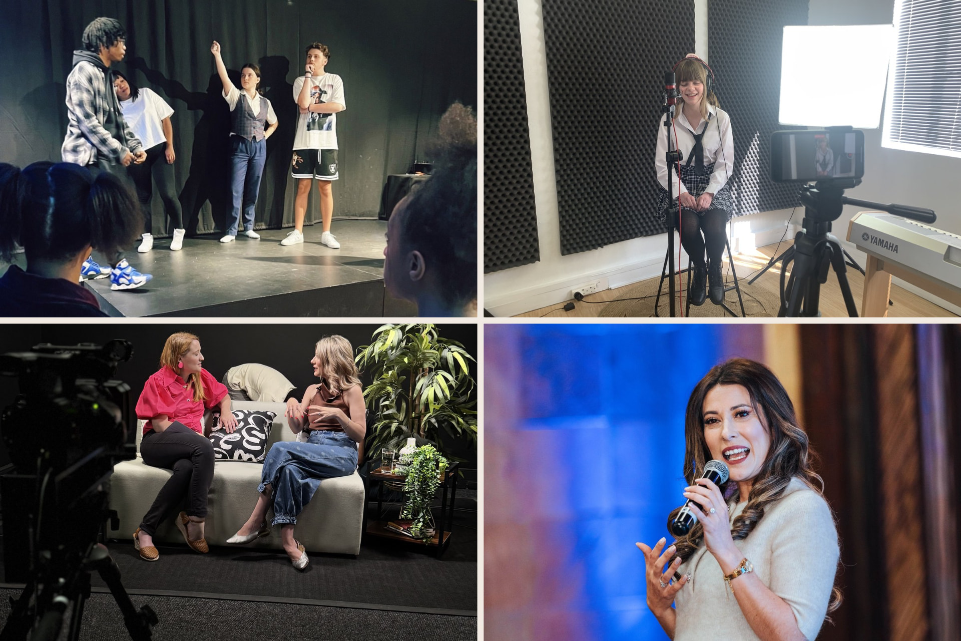TA-DA! Training in action: students on stage, filming in the studio, and D'Niël presenting