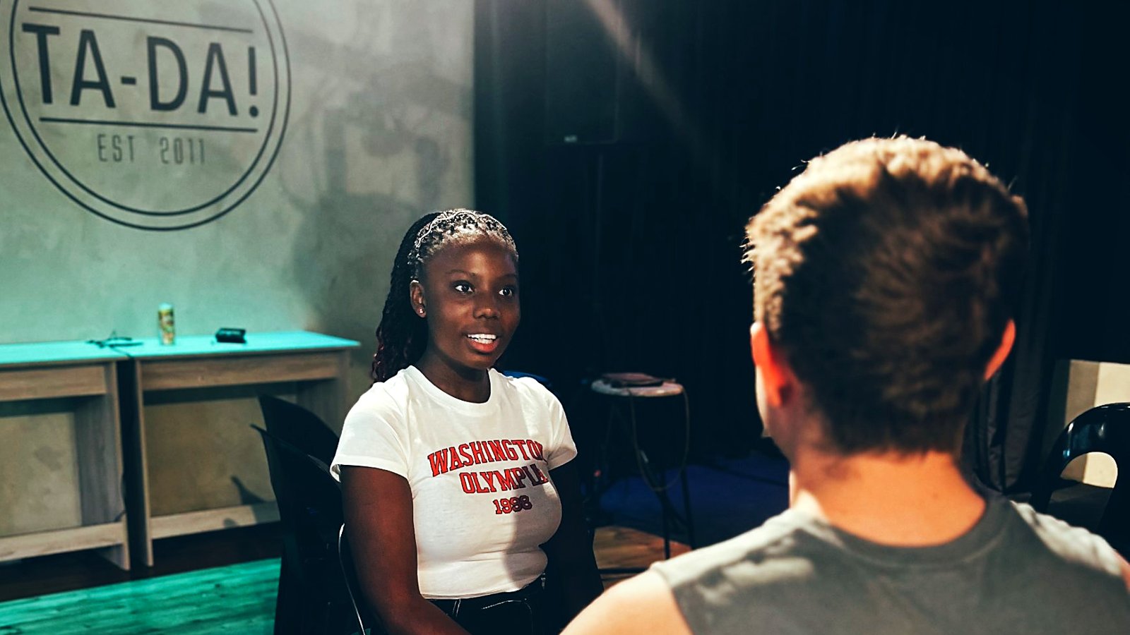 Two acting students rehearsing a scene in the TA-DA! studio
