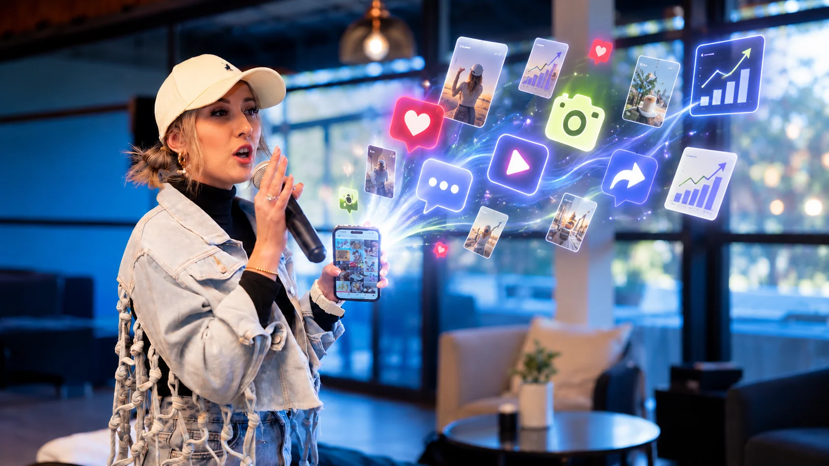 D'Niël Steynvaardt with social media icons coming out of her phone