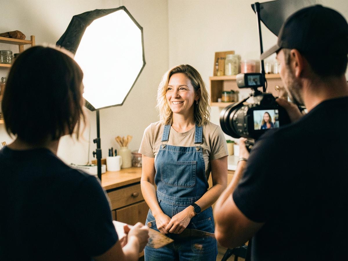 Small business owner being filmed for brand content in her workspace