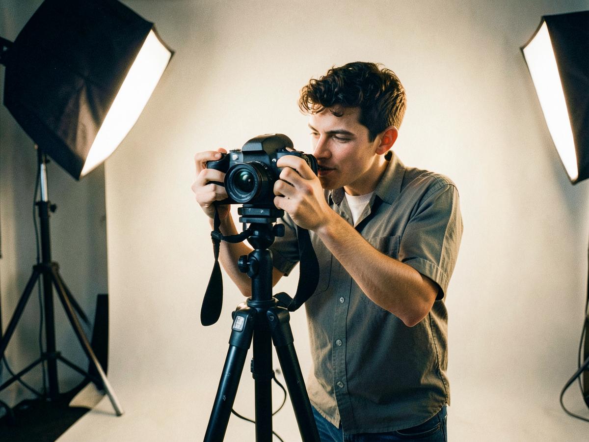 Young creator setting up a camera on a tripod under studio lighting
